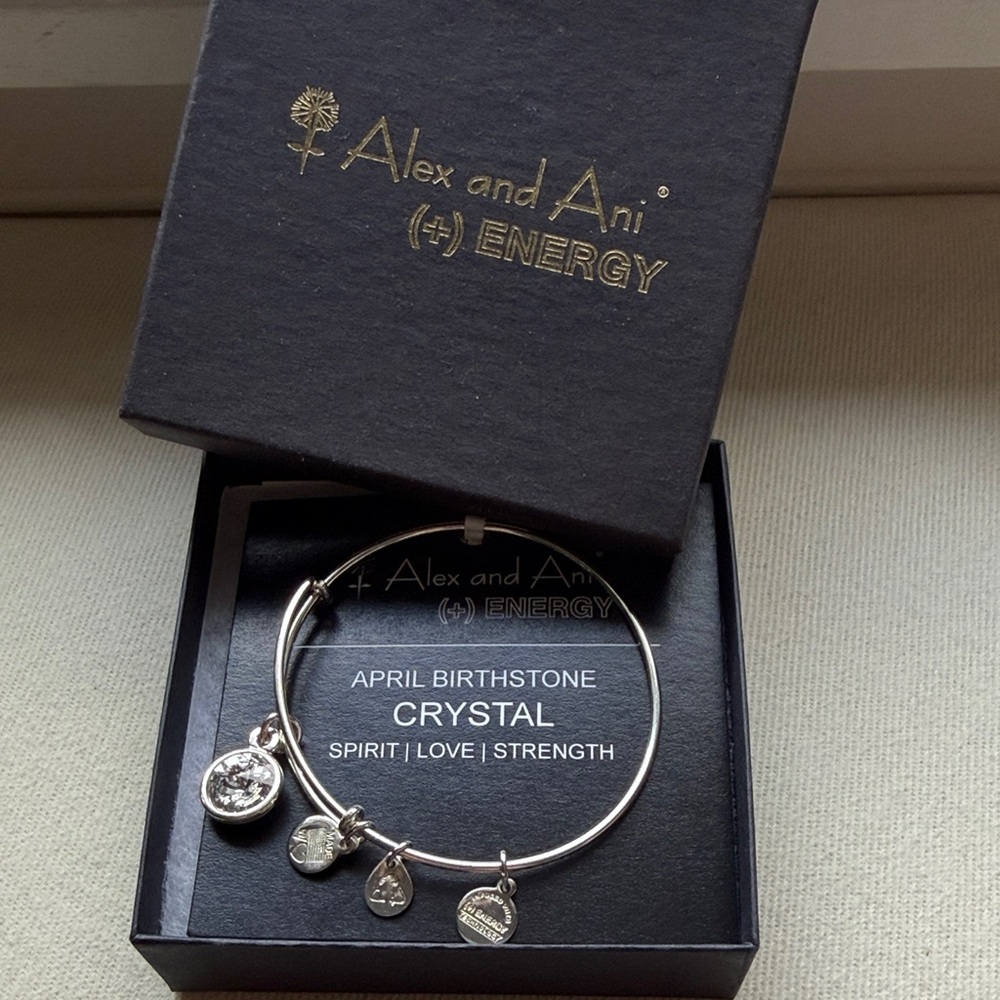 Alex and Ani Silver Crystal April Birthstone Expandable Bangle with Charms